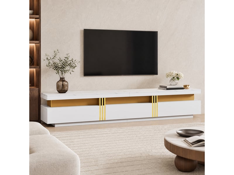  Meuble tv blanc à décor marbre 200 x 40 x 42 cm avec 3 tiroirs  - Conforama C