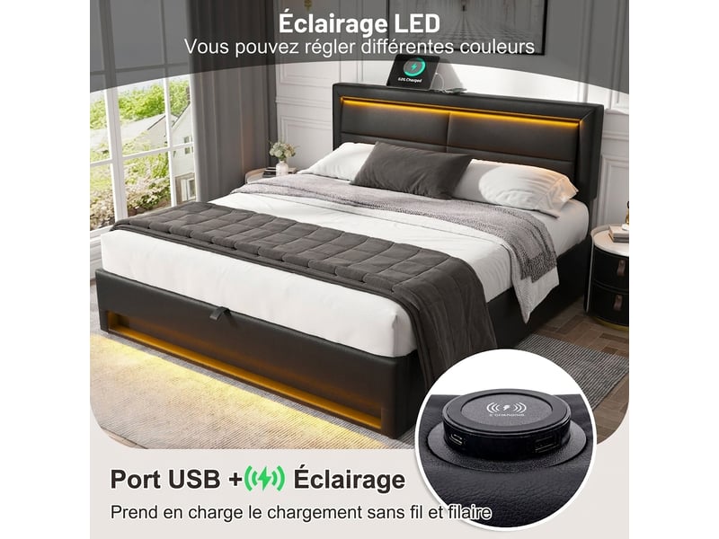  Lit capitonné 160x200 noir en simili cuir - chargeur usbsans fil led rangement  - Conforama E