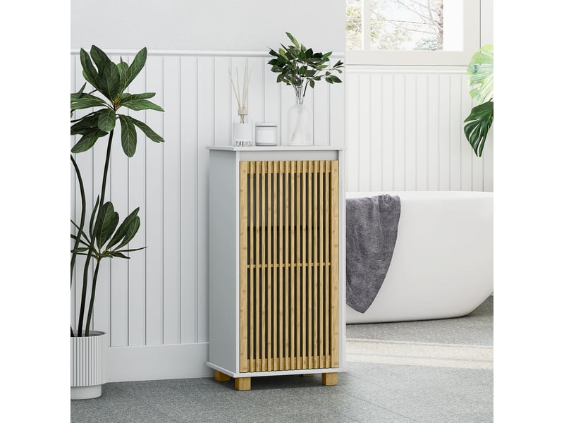  Meuble salle de bain avec panier à linge, porte à lattes en bambou et sac amovible, blanc et effet bois naturel  - Conforama D