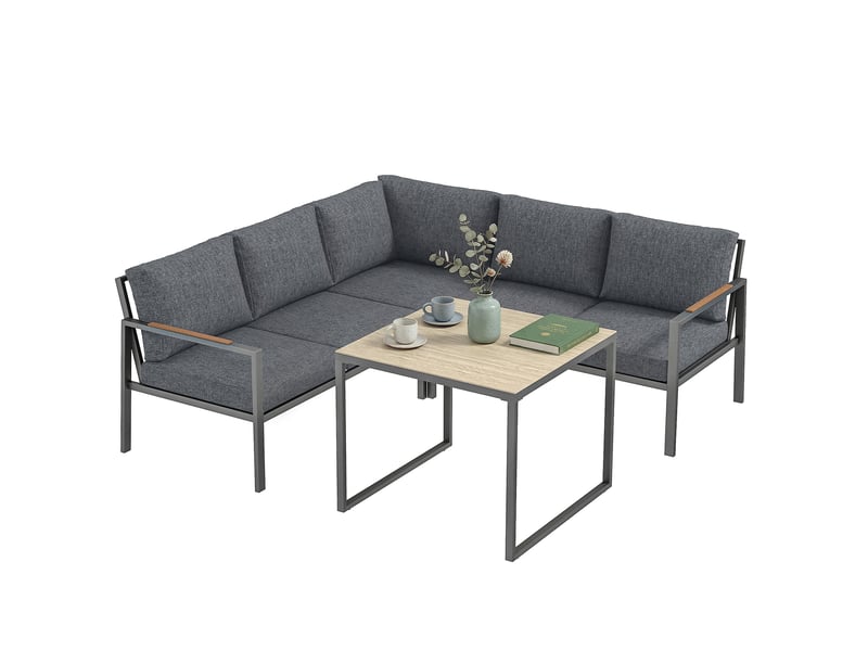  Salon de jardin extérieur 3 pcs 5 pl. 2 canapés avec coussins épais, 1 table basse,gris foncé  - Conforama B