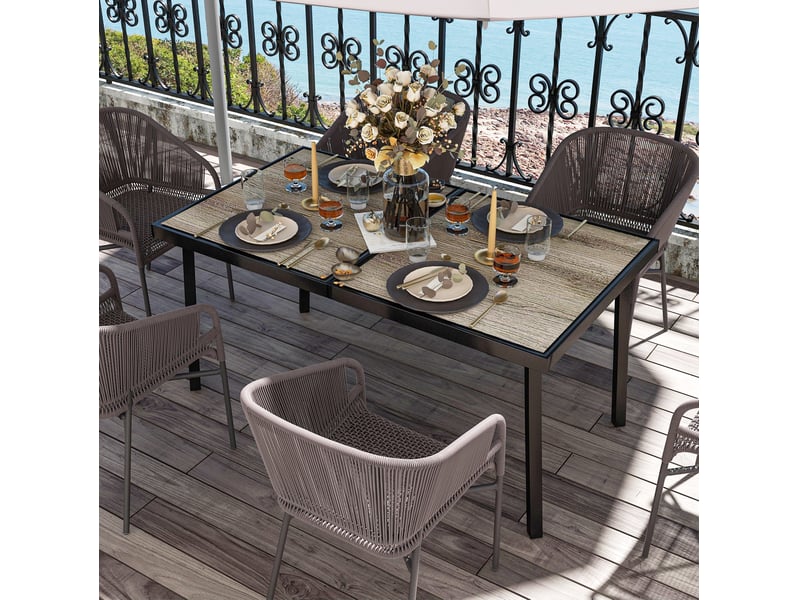 Table de jardin rectangulaire 145 x 85 cm gris, plateau en plastique aspect bois et structure acier, pour 6 personnes - Conforama B