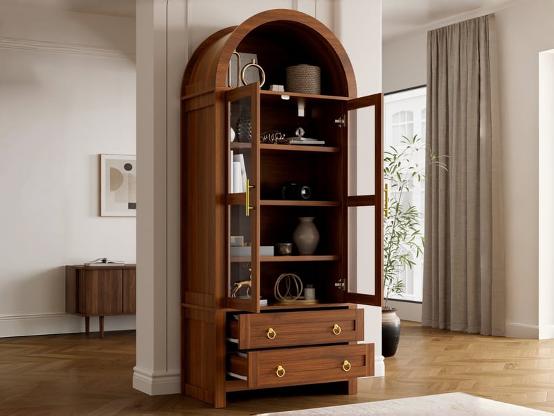  Vitrine rétro à 2 portes vitrées et 2 tiroirs, 76 x 40 x 180 cm, avec éclairage led et design arrondi, coloris noyer  - Conforama B