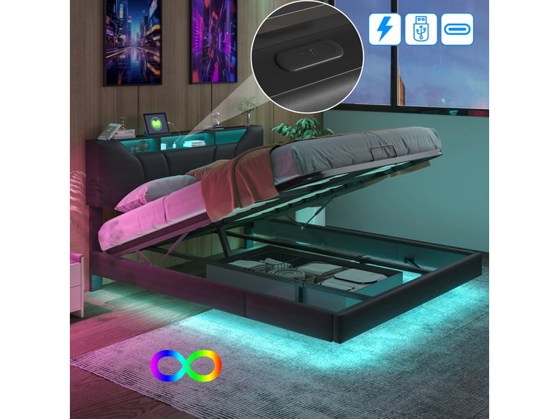  Lit coffre hydraulique 140×200cm, tête de lit pu avec rangement, led et port usb, design flottant, noir  - Conforama E