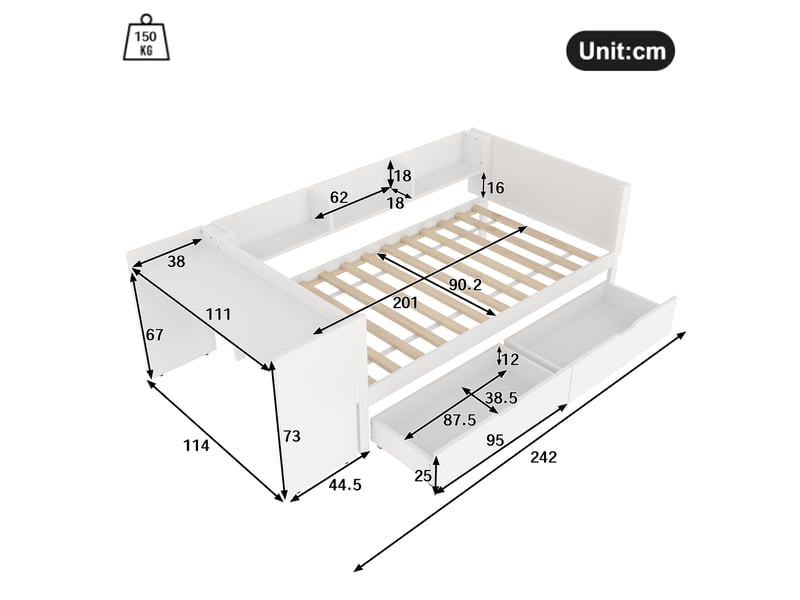  Lit simple 90x200 en bois blanc avec bureau intégré et 2 tiroirs  - Conforama C