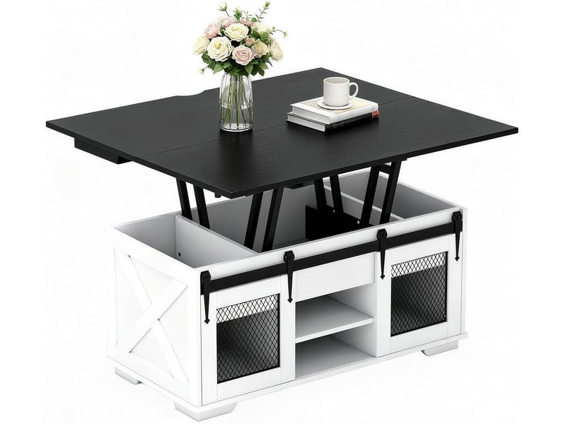  Table basse relevable, 3 compartiments caché, 2 portes coulissantes, table de café industrielmoderne avec plateau relevable, charge 75 kg (noir)  - Conforama A