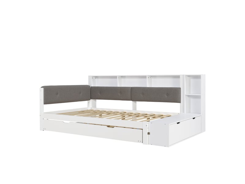 Lit combiné 120 × 200 cm avec lit gigogne 90 × 190 cm, rangement, recharge, sans matelas, blanc gris - Conforama E