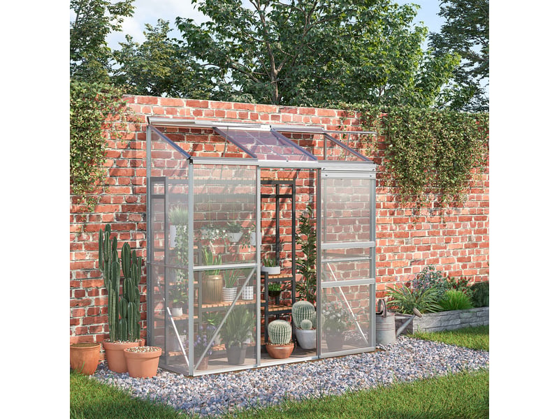  Serre adossée, porte coulissante, fenêtre de toit, polycarbonate + aluminium, couleur : argent, 192 x 68 x 196 cm  - Conforama D
