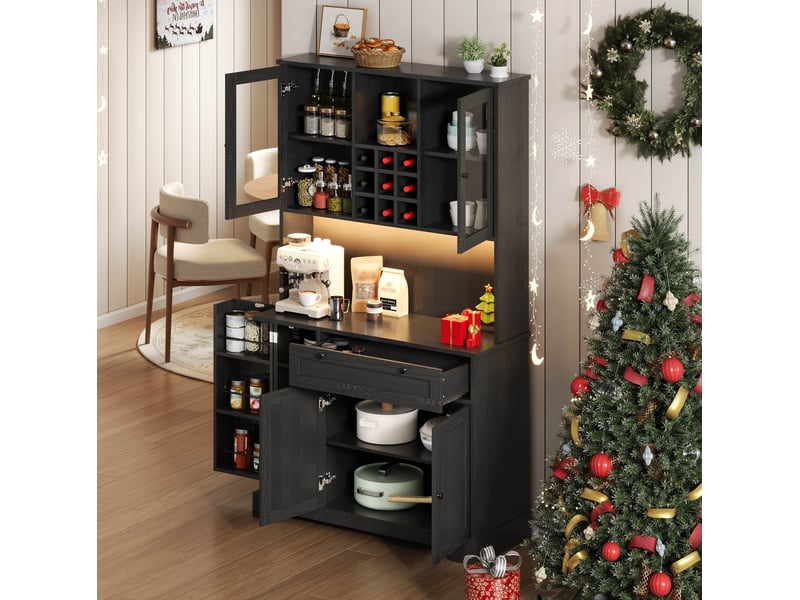  Buffet haut de cuisine noir 105 x 40 x 180 cm avec led, prises usb et rangement  - Conforama E