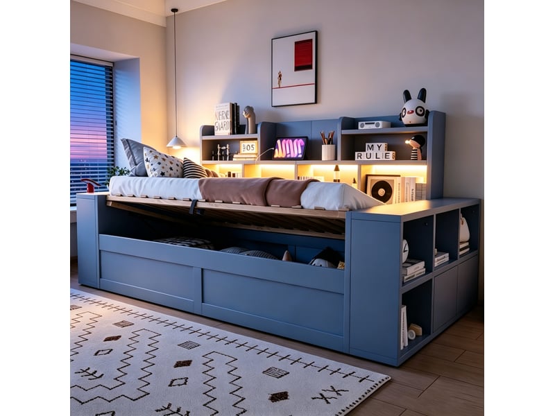  Canapé-lit tcqpz 90 x 200 cm avec coffre hydraulique rangements led prises mdf gris  - Conforama D
