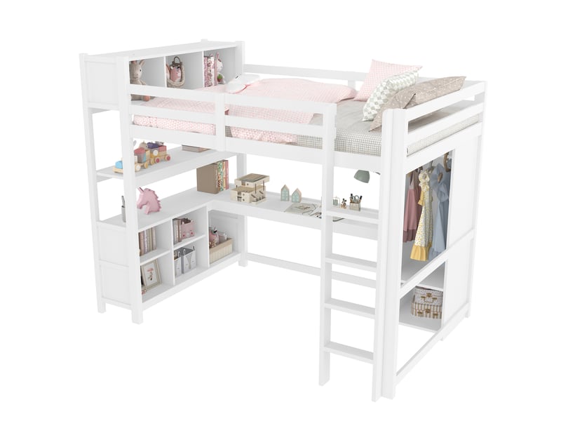  Lit mezzanine enfant 140x200 cm avec bureau, rangements et penderie blanc  - Conforama A