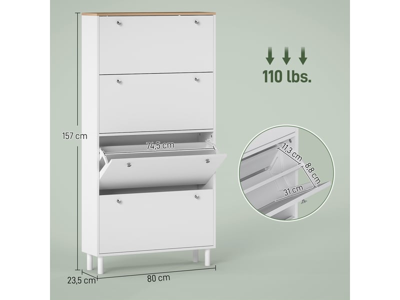  Meuble à chaussures 32 paires avec 4 tiroirs rabattables, étagères réglables, moderne, 80 x 23,5 x 157 cm, blanc  - Conforama D