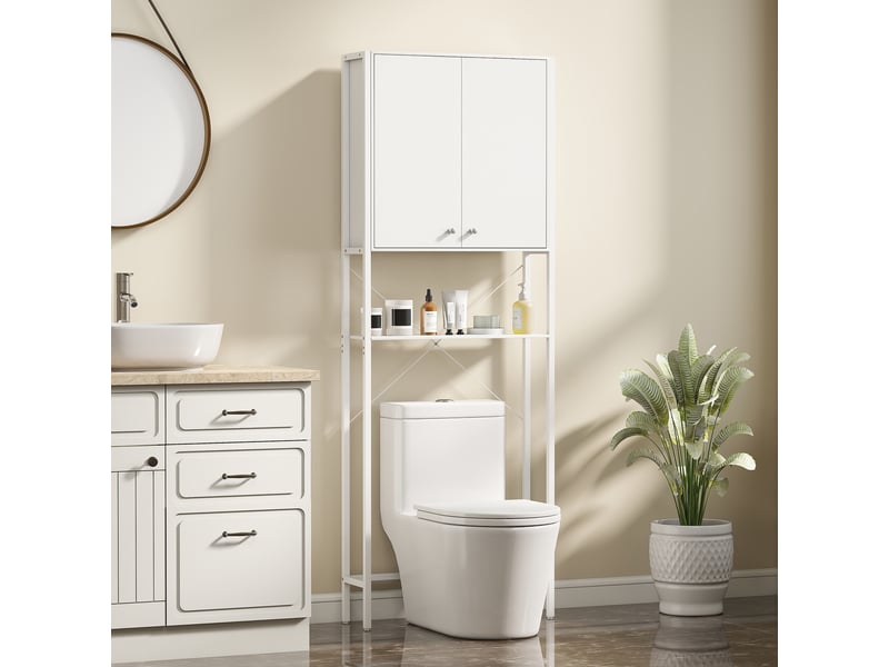  Meuble au-dessus des toilettes blanc avec placard et étagère ouverte, 64 x 20 x 180 cm  - Conforama C