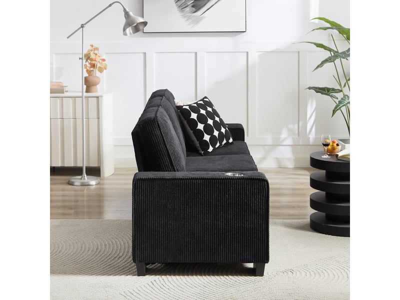 Canapé 3 places, canapé de salon, en velours tricoté, noir, porte-gobelets, design moderne, 206 cm, pour salon, bureau, chambre - Conforama D