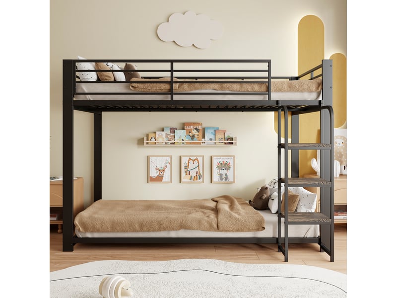  Lit superposé 90 × 200 cm en métal avec marches en bois, barrières de sécurité, chambre enfant et adolescent noir  - Conforama D