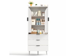 Armoire haute de rangement avec 2 portes et 3 tiroirs -  étagères réglables, mdf blanc