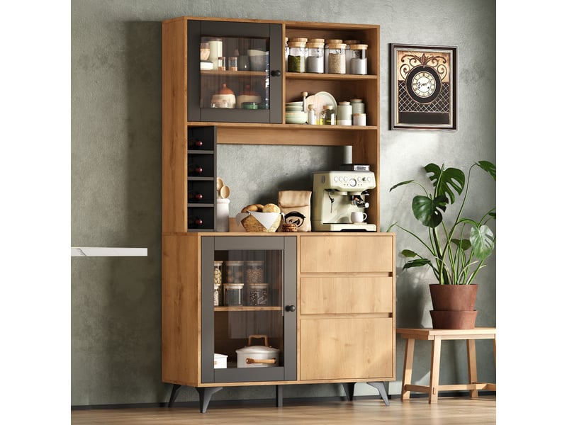  Armoire de cuisine haute 100x40x177,5cm, range-bouteilles, 2 portes en verre trempé, 3 tiroirs et étagères réglables, finition bois et noir, cuisine  - Conforama C