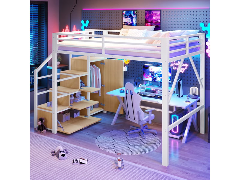 Lit mezzanine 2 places 140×200 cm, armoire, led et rangements  - sans matelas, métal et mdf - blanc  - Conforama C
