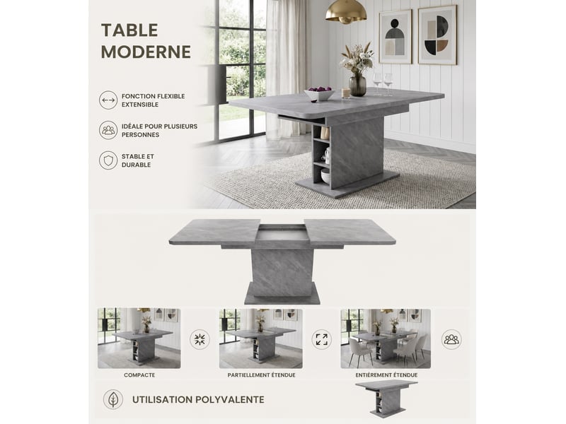  Table à manger extensible 130 x 70 x 75 cm - rangement intégré - plateau effet béton - design moderne - gris  - Conforama D