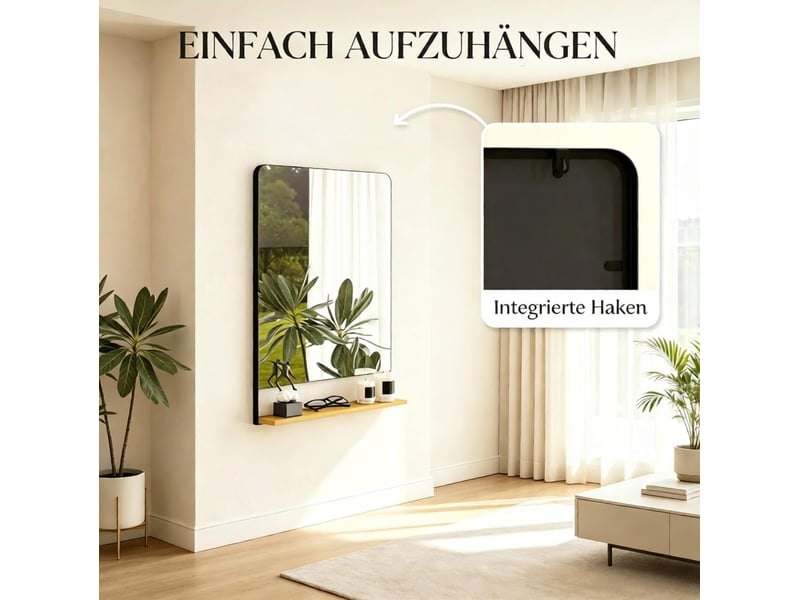 Miroir mural rectangulaire 80 x 60 cm noir avec cadre en métal et tablette de rangement pour l'entrée - Conforama D