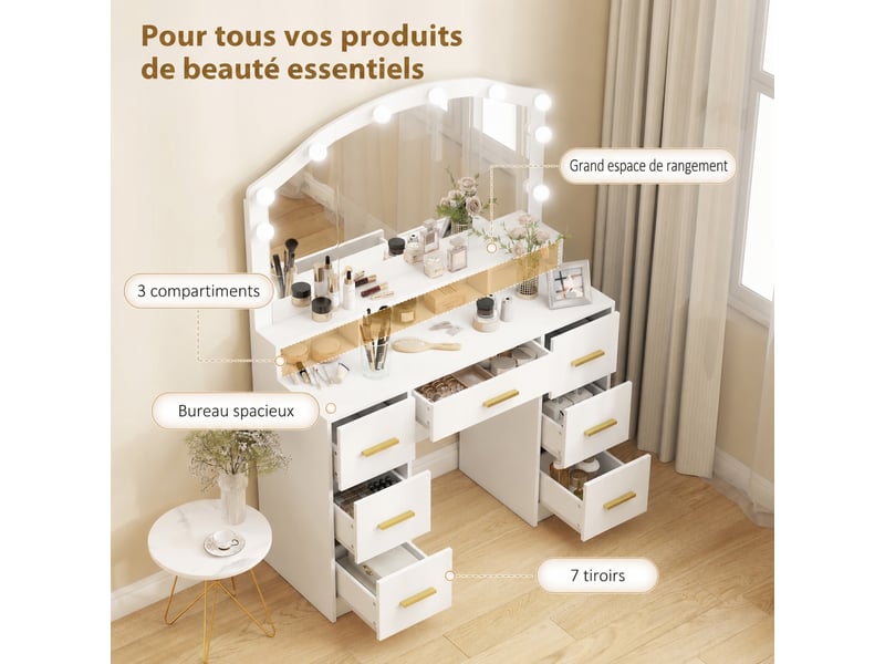  Coiffeuse blanche avec miroir lumineux led, 3 teintes, 7 tiroirs et 3 niches, 110 x 40 x 150 cm  - Conforama E