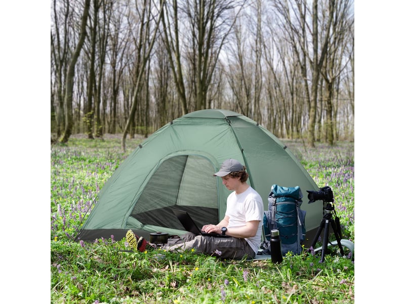  Tente dôme pour 2 personnes, légère, stable et imperméable, avec porte et fenêtre, sac de rangement et crochets, vert foncé.  - Conforama C