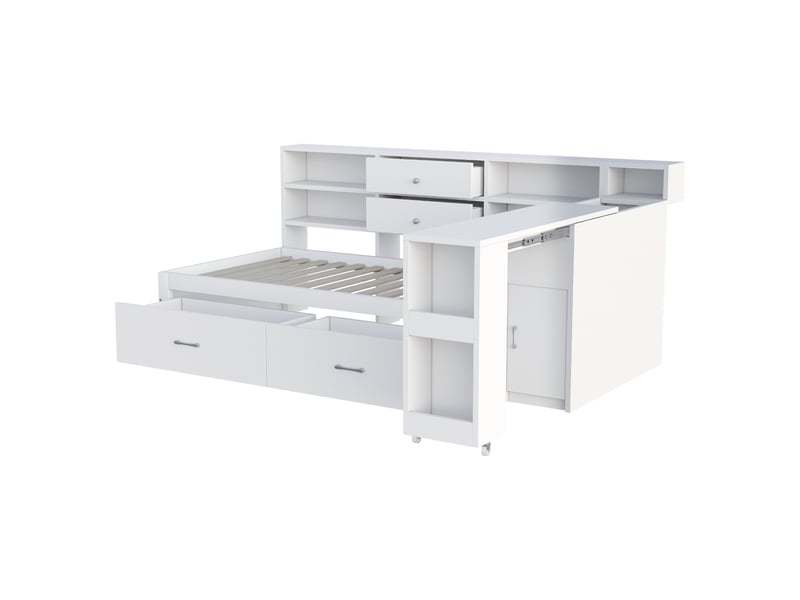  Lit banquette simple en bois blanc avec 2 tiroirs, bureau coulissant et 2 ports usb, 90x200 cm  - Conforama E