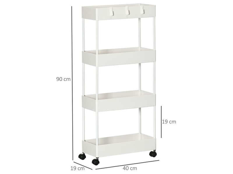  Desserte de cuisine 40 x 19 x 90 cm blanche en acier et abs, 4 niveaux, 2 roulettes avec freins et 3 crochets  - Conforama C
