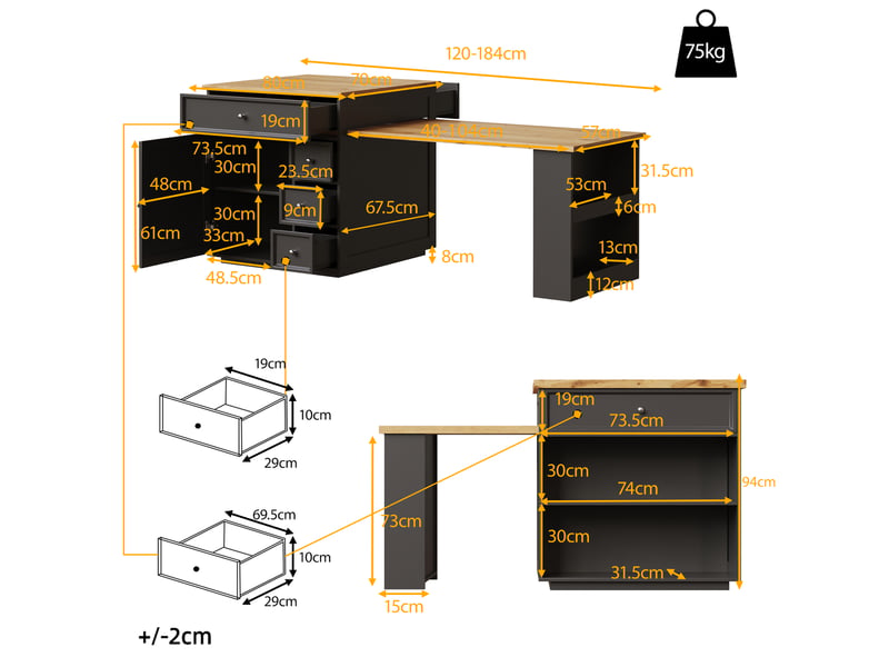 Îlot de cuisine extensible 120–184x70x97 cm avec tiroirs, plateau aspect bois, meuble mobile multifonction, cuisine et bar, noir BUYDEEMEUS - Conforama D