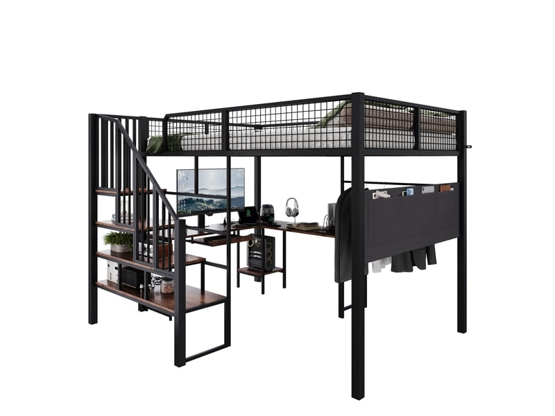  Lit mezzanine 140 x 200 cm en métal et bois avec bureau d'angle, escalier, tablette clavier et station de charge noir et décor bois foncé chicfurn  - Conforama A
