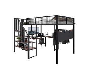 Lit mezzanine 140 x 200 cm en métal et bois avec bureau d'angle, escalier, tablette clavier et station de charge noir et décor bois foncé chicfurn