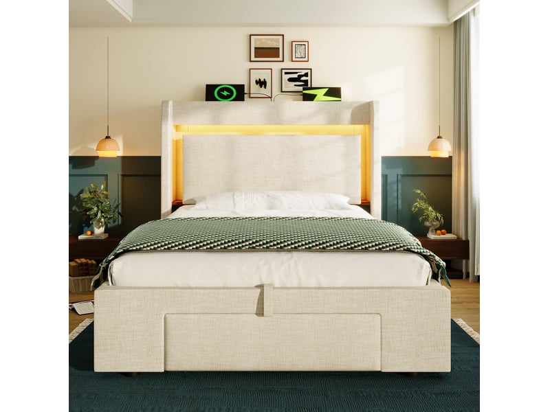  Lit rembourré 90 × 200 cm 1 place avec coffre, tiroir, led réglable et usb type-c, matelas inclus, beige  - Conforama C