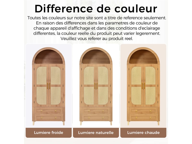  Buffet haut naturel 2 portes 2 tiroirs avec led intégrée, niche voûtée et décor rotin, 76 x 40 x 179,5 cm pour salon, chambre ou bureau  - Conforama W