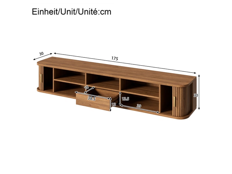  Meuble tv suspendu avec led réglable par application, 2 portes coulissantes rainurées, 1 tiroir, mdf noyer  - Conforama C