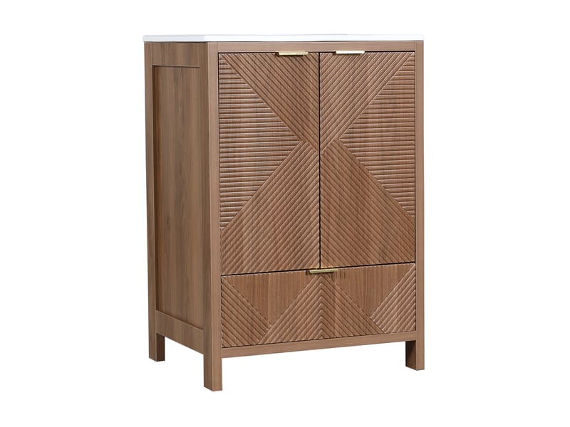  Meuble sous vasque sur pied 61 x 47 cm – noyer – vasque céramique, rangement avec tiroir et portes soft-close  - Conforama D