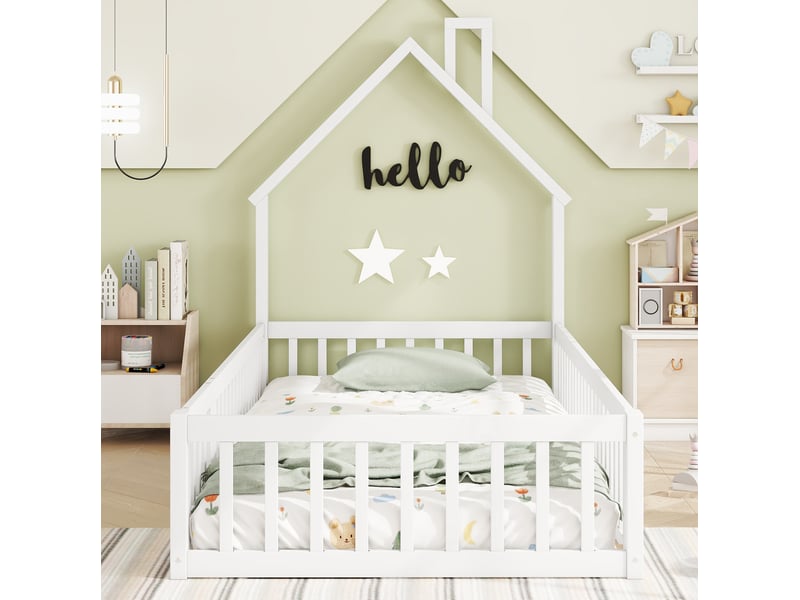  Lit cabane enfant 90x200 cm avec barrières et sommier à lattes blanc  - Conforama D