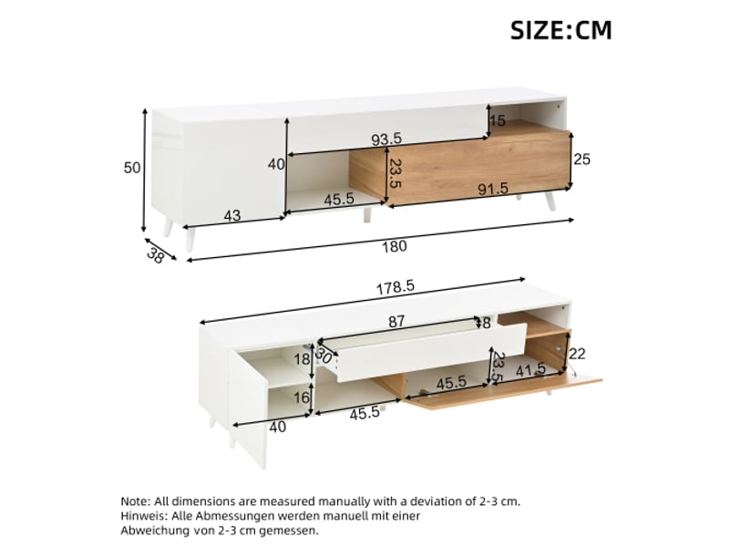 Meuble tv brillant avec porte inférieure et 1 tiroir, meuble bas avec 7 compartiments de rangement, table tv salon, 180x38x50cm  - Conforama D