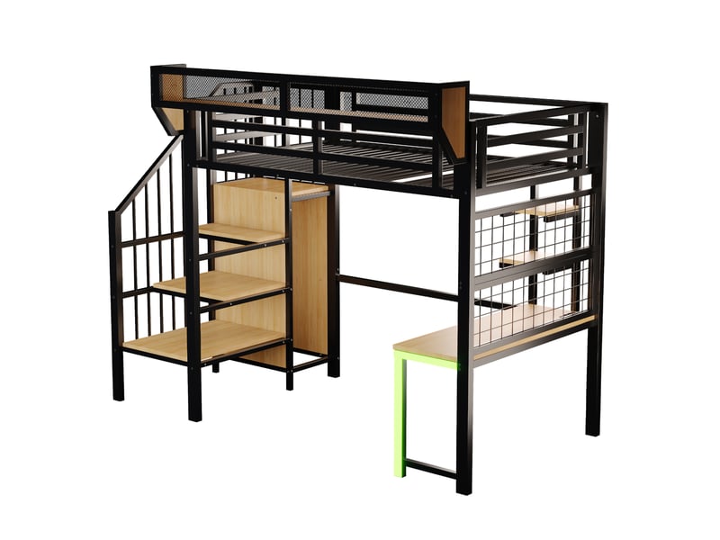 Lit mezzanine 90x200 cm, lit enfant, led, bureau, rangement, charge, échelle, garde-corps, métal+mdf, noir sans matelas  - Conforama R