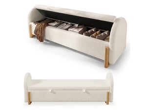 Banc de lit blanc 166 cm avec rangement, tissu bouclette et pieds en bois