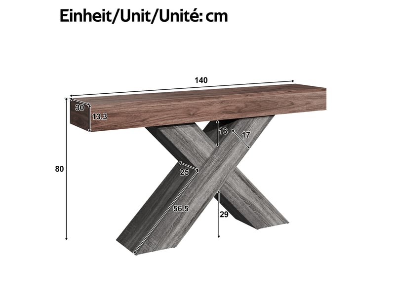  Table console 140 x 30 x 80 cm en panneau de particules, noyer, pieds en x  - Conforama C