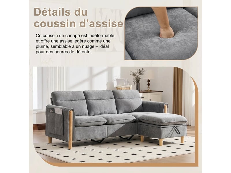  Canapé d'angle 3 places avec méridienne réversible 201 cm rangement intégré gris clair  - Conforama D