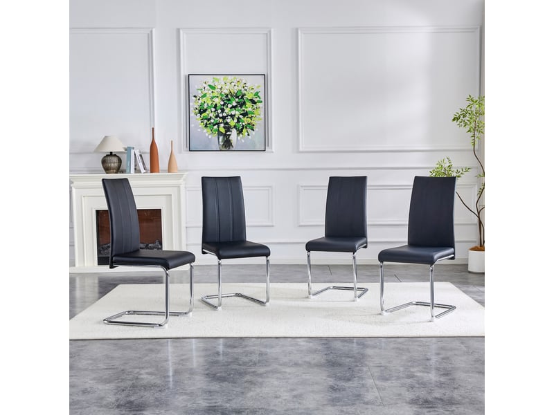 Lot de 4 chaises de salle à manger 41.5x42.5x99cm – chaises cantilever modernes à dossier haut avec métal argenté chromé – simili cuir - noir - Conforama D