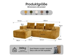 Canapé d'angle - jaune - 258 cm de large - design minimaliste - accoudoirs avec porte-gobelet - style moderne