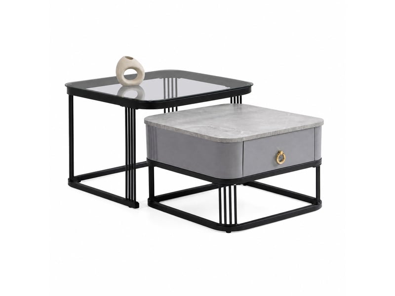  Lot de 2 tables basses gigognes avec tiroirs, verre et effet marbre, noir et gris  - Conforama A