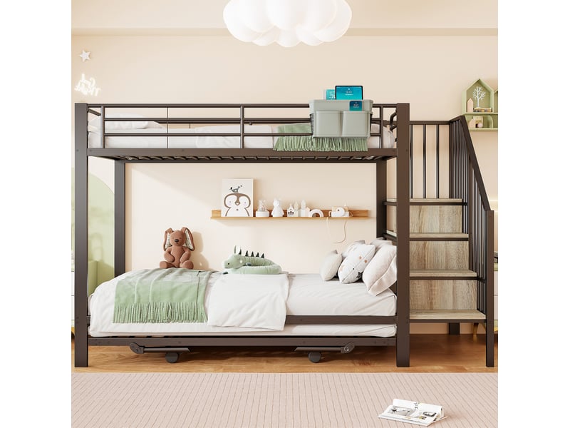  Lit superposé 90 x 200 cm en métal noir avec lit gigogne et escalier de rangement  - Conforama E