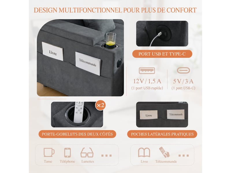 Canapé 4 places gris foncé 272 x 136 x 86 cm, double méridienne avec rangement, couchage, porte-gobelets et usb-c - Conforama E