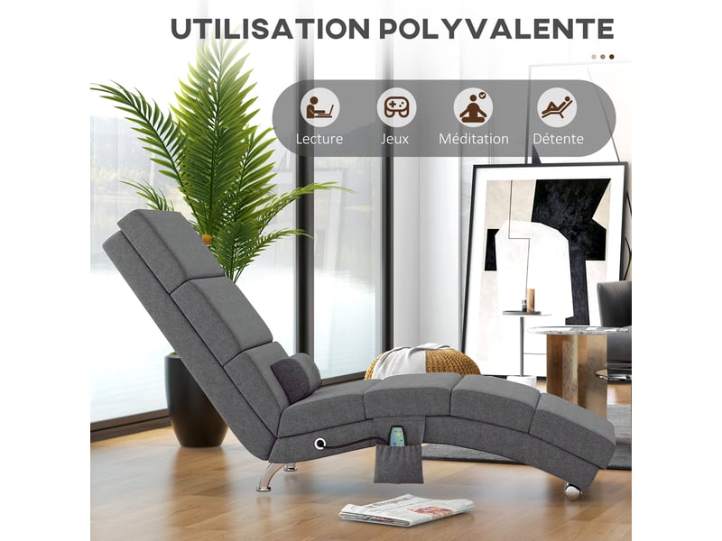  Fauteuil relax salon fauteuil de massage et chauffage meridienne avec télécommande et oreiller, gris, tissu effet lin  - Conforama R