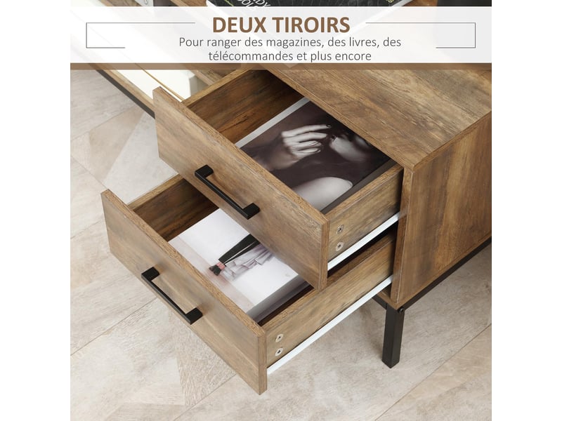  Meuble tv 1 placard 2 tiroirs et étagère métal marron noir 132 x 39 x 45,5 cm  - Conforama D