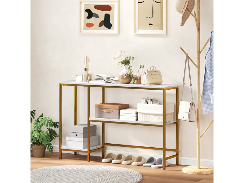  Console meuble 120 cm, table console 3 niveaux avec étagères de rangement, blanc et doré, plateaux imitation marbre  - Conforama D