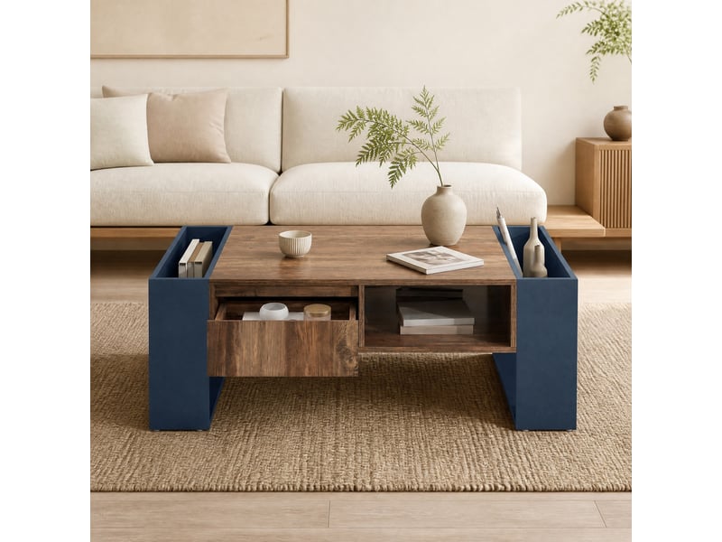  Table basse avec un tiroir sans poignée et des rangements sur les deux côtés, effet bois et gris anthracite, 111 × 40 × 60 cm  - Conforama C
