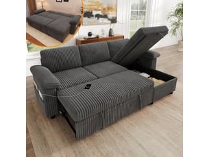 Canapé d'angle convertible 3 places 214 x 138,5 x 89 cm, couchage 214 x 177 cm, méridienne réversible avec coffre, usbtype-c, velours côtelé gris